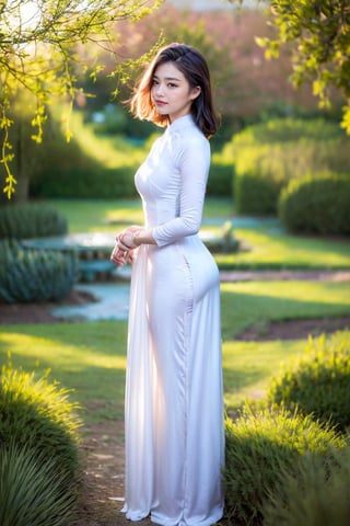 beautyful girl in white ao dai,beauty euroasia face, standing outdoors amidst ethereal lighting. She is wearing a long, white dao dai with intricate designs. She is standing in an outdoor setting that appears to be a garden or forest, with trees and rocks visible in the background. Ethereal beams of light filter through the trees, casting an otherworldly glow on the scene. There's a mystical or serene atmosphere created by the combination of natural elements and lighting.