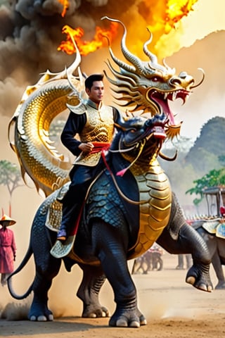 A brave Vietnamese warrior stands tall, dressed in a heavy dragon amor adorned with a mesmerizing gold dragon pattern. He is holding a big spike.He is riding on a Elephant heading to battleground. The dust is blowing. Background is in the fight of a war battleground.