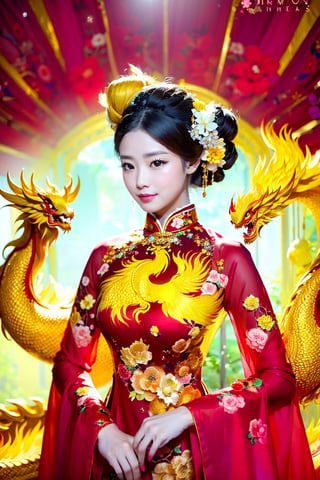 A Vietnamese woman dressed in a black ao dai, elegantly displaying a vibrant mix of red and yellow phoenix dragon patterns. This high-quality photograph beautifully captures every intricate detail, immersing the viewer in the enchanting charm of the young woman and the cultural significance of her outfit.,Ao dai hoa tiet