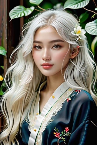 In the realism of a photograph, a mesmerizing portrait captures a 18-year-old Vietnamese girl with long white hair. Her youthful features are adorned with an abundance of delicate freckles, lending a natural and down-to-earth charm to her appearance. The image immerses viewers in the intricacy of her features, showcasing an ultrarealistic depiction that astounds with its lifelike precision.