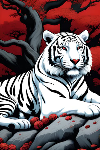 Masterpiece,a full shot of a sitting white tiger on top of a pile of red skulls behind it a beautiful female,tree highly detailed colored illustration for a tattoo,sexy body, detailed artwork, in the art style of ukiyo-e, art cover illustration, Keith Thompson art style,photorealistic