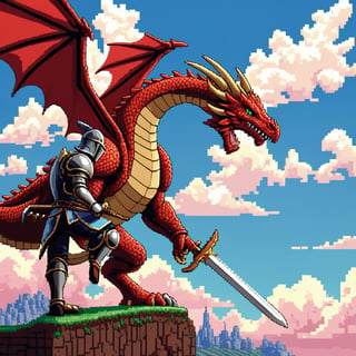 ((2D:1.5)), view from the side, (8-bit video game:1.3), ((pixel art:1.4)), Fantasy knight vs dragon, 1_Knight versus 1_dragon, parallax  background: sky clouds, 