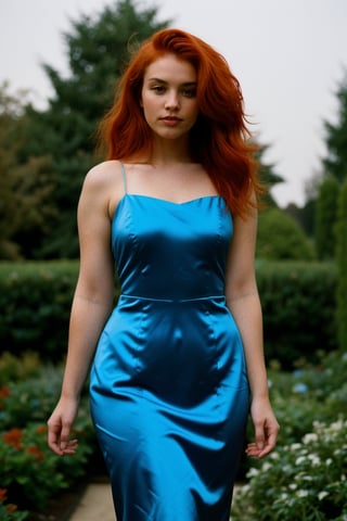 A stunning 25-year-old woman, with red tied hair. She is walking in the garden. 
She is wearing high-fashion couture blue color dress.
She has an alluring curvy figure. 
She is exuding seduction and allure. 
Captured on a Hasselblad medium format camera, the image is rendered in crisp, high-contrast detail.