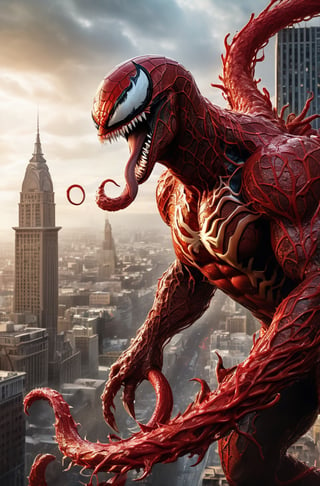 perfect mix between Carnage from Marvel and Godzilla, with Carnage's red tentacles protruding from his entire body, destroying city, blood, epic, (cataclysmic, white eyes like venom, gargantuan, taller than buildings, oversized, gigantic:1.9), absurdres, best quality, fantasy style ,(intricate details), (hyperdetailed), 8k hdr, high detailed, lot of details, high quality, soft cinematic light, dramatic atmosphere, atmospheric perspective