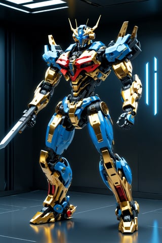 Mecha with sword,gun and with color red gold blue,blue ligth motif cyberpunk model,Futuristic room,Leonardo Style, ,c1bo,make_3d