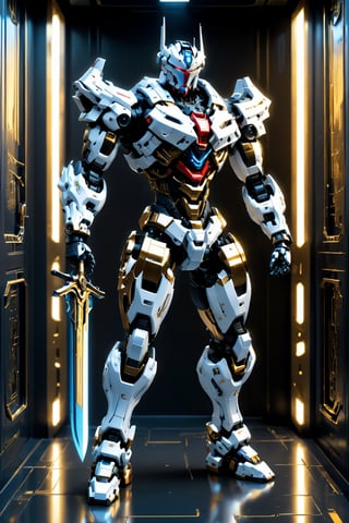 Mecha with sword,gun and with color red gold white blue ligth motif cyberpunk model,Futuristic room,Leonardo Style, ,c1bo