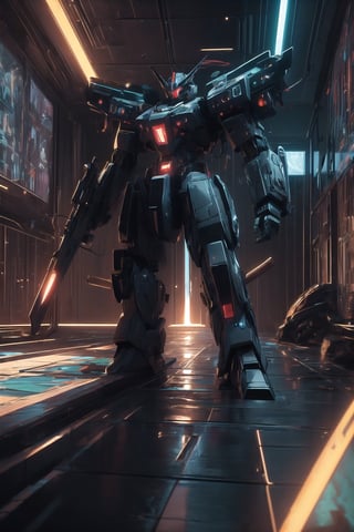 Mecha with sword,gun and with color red black white green motif cyberpunk model,Futuristic room