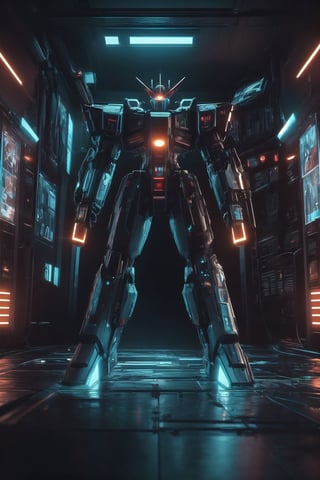 Mecha with sword,gun and with color red black white green motif cyberpunk model,Futuristic room