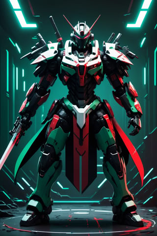 Mecha with sword,gun and with color red black white green motif cyberpunk model,Futuristic room,Leonardo Style, 