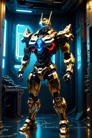 Mecha with sword,gun and with color red gold blue,blue ligth motif cyberpunk model,Futuristic room,Leonardo Style, ,c1bo