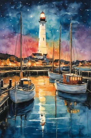 Use liquid ink to depict several sailboats moored in the harbor, with a lighthouse and fishing boats in the harbor. The boats have different colors and tall masts, which are reflected in the water. The background is a starry sky. The lights of the lighthouse and fishing port illuminate the scene.