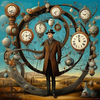 Neo-surrealism, whimsical art, fantasy, magical realism, bizarre art, pop-surrealism, inspired by Remedios Val. Depicts multiple twisted clocks and a bound man. full shot.