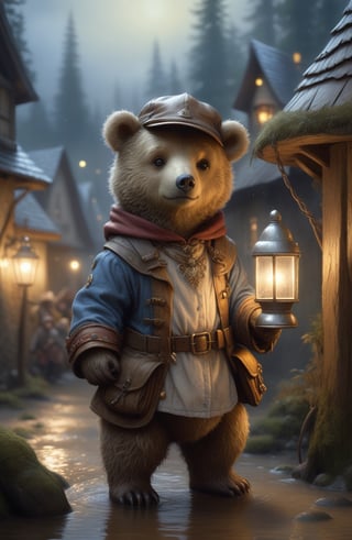 Hyper-detailed painting, Jean-Baptiste Monge style, The cute little brave bear is in the novice village, wearing adventurer clothes, splash, glittering, cute and adorable, filigree, lights, fluffy, magic, surreal, fantasy, digital art, ultra hd, hyper-realistic illustration, vivid colors, UHD, cinematic perfect light, greg rutkowski