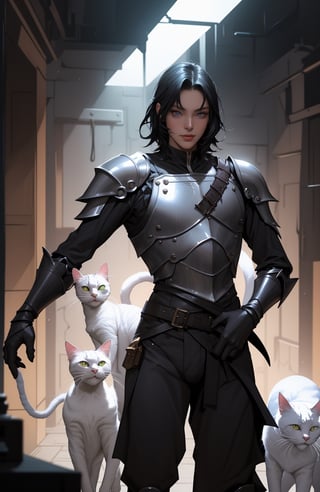 style of Sui Ishida, Guweiz, didier cassegrain, Bo Bartlett, An anthropomorphic knight cat, furious cat, antrhopomorphic, dungeon interior, glow, runic magic, swirling with energy, dark knight outfit, white cat, adventurer, dnd, mtg, 