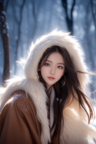 background is night,snow covered forest,wild forest,snow storm,bonfire,a hunter,
20 yo, 1 girl, beautiful korean girl,sit behind of bonfire,warm at the fire,
wearing hunter cloth(brown fur),cape, smile, solo, {beautiful and detailed eyes}, dark eyes, calm expression, delicate facial features, ((model pose)), Glamor body type, (dark hair:1.2), simple tiny earrings, flim grain, realhands, masterpiece, Best Quality, 16k, photorealistic, ultra-detailed, finely detailed, high resolution, perfect dynamic composition, beautiful detailed eyes, eye smile, ((nervous and embarrassed)), sharp-focus, full_body, cowboy_shot,