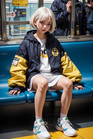 yellow_jacket, 1girl,  oversized_clothes , white_hair , sneakers , sitting inside a subway