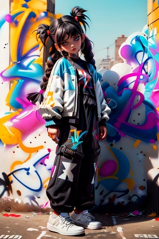 Full body, sharp focus, intricate, epic light, beautiful volumetric lighting, intense colors, chromatic aberration, low angle, UHD, 8K, adorable, a beautiful and sexy woman in hip hop dress, black t-shirt, sportwear, ((white vinyl jacket)), very wide pants, very long black hair with braids, graffiti, powerful aura, music posters, neon lights,ASU1,CONCEPT_graffiti_wall_ownwaifu,www.ownwaifu.com,  (graffiti:1.4),brick wall,head tilt,sidelighting, (straight-on:1.2),BJ_Oil_painting,(PnMakeEnh)