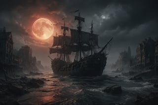 terrifying dark sea, tattered ship fragments, dark sky, large moon ,The city of yharnam, oil painting, Red moon, realistic, extreme detail, scary, terrifying, dark and warm environment, 8k, Epic, (Use Dream Diffusion Secret Prompt), UHD