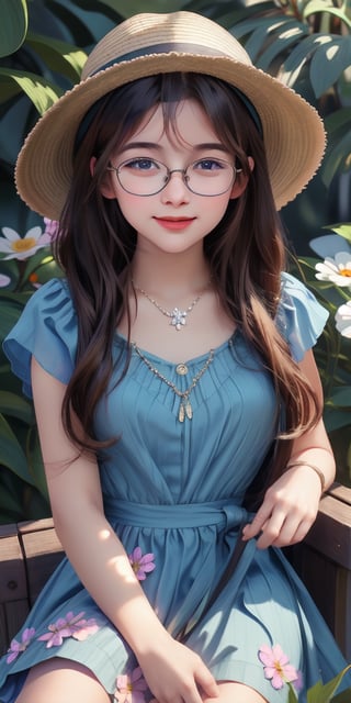 1girl, solo, long hair, smile, blonde hair, hat, dress, holding, jewelry, sitting, closed eyes, flower, short sleeves, glasses, teeth, day, necklace, grin, lips, book, blue dress, watermark, floral print, sunlight, plant, facing viewer, holding book, black-framed eyewear, sun hat, open book, realistic, nose, brown headwear, straw hat, reading, bench