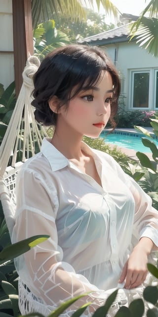 A beautiful young woman in a cream transparent men's shirt lies in a hammock near the pool. In the distance you can see the large glass window of the terrace of a beautiful cottage in the early morning. Impressionism. Each frame has its own excellent potential. Make it perfect. 32K.