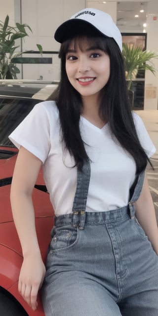 1girl, solo, long hair, looking at viewer, smile, bangs, shirt, black hair, hat, sitting, closed mouth, white shirt, short sleeves, black eyes, lips, cosplay, ground vehicle, red headwear, motor vehicle, realistic, overalls, car interior, blue overalls