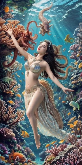 A mesmerizing underwater scene: a girl, dressed in a shimmering belly dancer costume, floats amidst a kaleidoscope of coral and schools of fish. A curious cuttlefish and octopus hover nearby, their camouflage abilities on full display as they blend seamlessly into the water's effects. The warm glow of sunlight filters down from above, casting an ethereal ambiance.