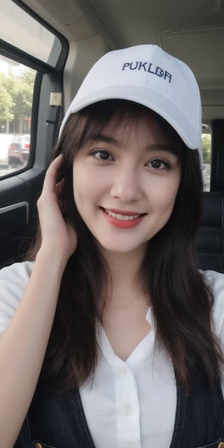 1girl, solo, long hair, looking at viewer, smile, bangs, shirt, black hair, hat, sitting, closed mouth, white shirt, short sleeves, black eyes, lips, cosplay, ground vehicle, red headwear, motor vehicle, realistic, overalls, car interior, blue overalls