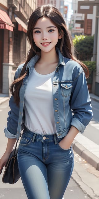 A young woman with a radiant smile and sparkling eyes walks confidently down the street, her blue jeans and denim jacket perfectly capturing her carefree happy mood. A crisp white shirt complements her natural beauty, as she strides effortlessly into the frame. The 4K-rendered image is bathed in soft sunlight, casting a warm glow on her joyful expression.