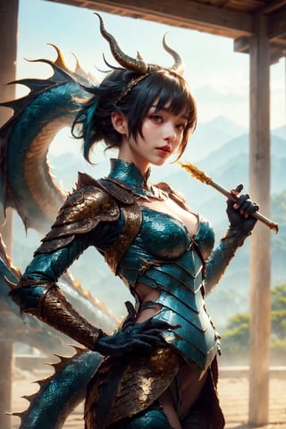 Woman with Dragon ears and tail holding a glave, wearing an japanesse armor, the scenario is a japan, heterochromia, red eyes