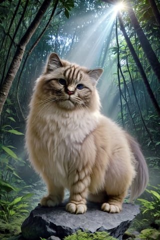 in dense jungle,  birman cat, standing on rock, illuminated by sunbeam, (no humans), dense vegetation, vibrant flowers, golden ratio composition , dramatic lighting,  KidsRedmAF