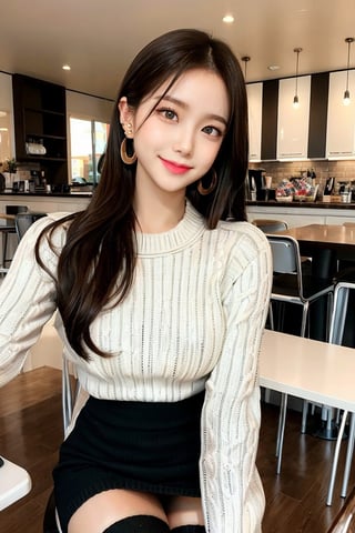 (masterpiece), 1girl, 20 yo, cute, extremely detailed face, detailed eyes, long brown hair, brown eyes, beautiful eyes, big eyes, (sitting on high chair:1.5), coffee house, coffee cup, large breasts, body shape, smile, blurry background, look at viewer, (tight thin sweater:1.5), white turtles neck sweater, long sleeves, brown short skirt, thin lips, small nose, small earrings, thighs, long black see-through stockings, sexy pose, long legs