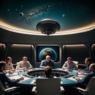 It is a inside of a spaceship.technical equipments everywhere.6 blue color uniforemed officials gathered around table to discuss something.there is planet showing in a holograpghic screen on the table.Leader of the group has serious look on his face