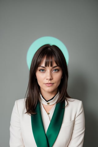 a photo of a cute 35-year-old woman, dgmochav2_TI, professional portrait photo,Slack-jawed awe look on face, high neck Emerald Kashmiri Pashmina Suit, high ponytail and bangs, black hair, green eyes, soft lighting, solo, background of Tech Startup