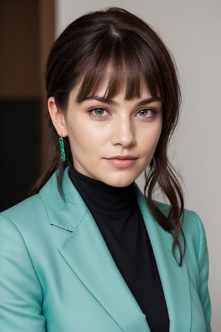 a photo of a cute 35-year-old woman, dgmochav2_TI, professional portrait photo,Slack-jawed awe look on face, high neck Emerald Kashmiri Pashmina Suit, high ponytail and bangs, black hair, green eyes, soft lighting, solo, background of Tech Startup