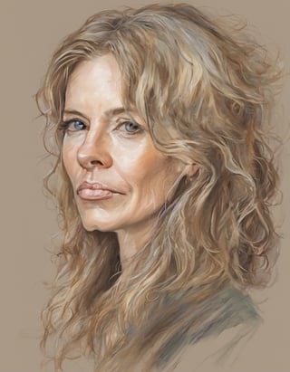 ((Top quality)),
((masterpiece)),
(Full body:1.9),

A candid portrait color sketch of a mature German woman,
35yo,
dark blonde hair with silver streak,
curly hair,
waist long hair,
long eyelashes,
narrow face,
pointed nose,
nose pointing slightly upwards,
dark steelblue eyes,
no makeup, beautiful, realistic,
thin lips,
pronounced chin dimple, dimple,
forehead wrinkles,
Eyes crow's feet,
light eyebrows,
slim nose,
short nose,
