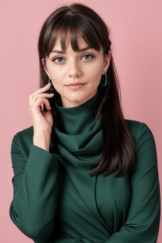 a photo of a cute 35-year-old woman, dgmochav2_TI, professional portrait photo,Slack-jawed awe look on face, high neck Emerald Kashmiri Pashmina Suit, high ponytail and bangs, black hair, green eyes, soft lighting, solo, background of Tech Startup