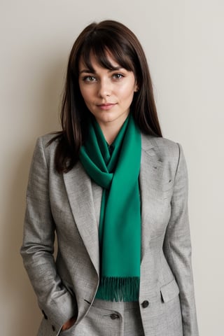 a photo of a cute 35-year-old woman, dgmochav2_TI, professional portrait photo,Slack-jawed awe look on face, high neck Emerald Kashmiri Pashmina Suit, high ponytail and bangs, black hair, green eyes, soft lighting, solo, background of Tech Startup