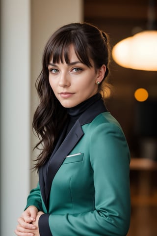 a photo of a cute 35-year-old woman, dgmochav2_TI, professional portrait photo,Slack-jawed awe look on face, high neck Emerald Kashmiri Pashmina Suit, high ponytail and bangs, black hair, green eyes, soft lighting, solo, background of Tech Startup