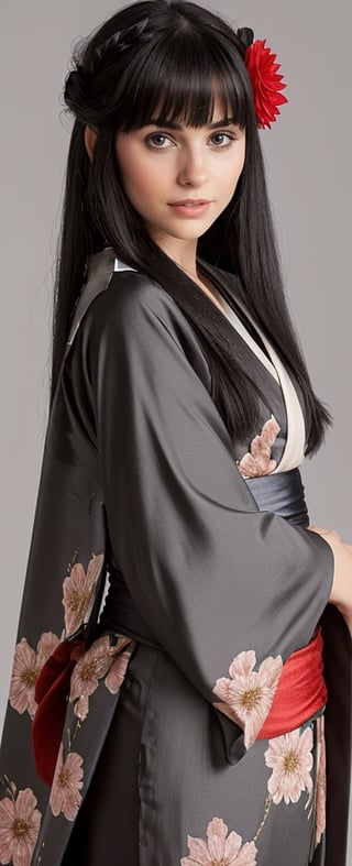 1girl, solo, long hair, looking at viewer, bangs, black hair, hair ornament, closed mouth, upper body, japanese clothes, hair flower, kimono, grey background, black eyes, lips, sash, realistic, 