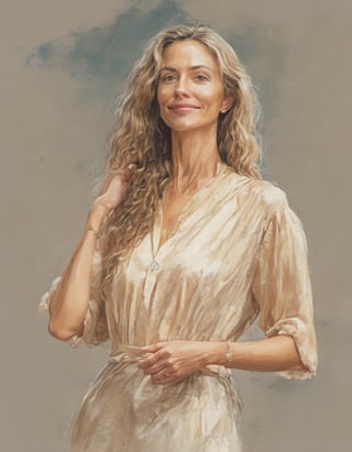 ((Top quality)),
((masterpiece)),
(Full body:1.9),

A candid portrait color sketch of a mature German woman,
dark blonde hair with silver streak,
curly hair,
waist long hair,
long eyelashes,
narrow face,
pointed nose,
nose pointing slightly upwards,
dark steelblue eyes,
no makeup, beautiful, realistic,
thin lips,
pronounced chin dimple, dimple,
forehead wrinkles,
Eyes crow's feet,
light eyebrows,
slim nose,
short nose,
,Wonder of Beauty