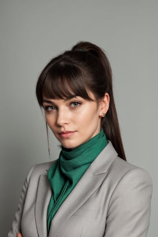 a photo of a cute 35-year-old woman, dgmochav2_TI, professional portrait photo,Slack-jawed awe look on face, high neck Emerald Kashmiri Pashmina Suit, high ponytail and bangs, black hair, green eyes, soft lighting, solo, background of Tech Startup