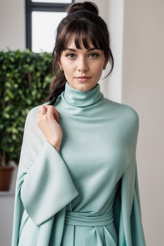 a photo of a cute 35-year-old woman, dgmochav2_TI, professional portrait photo,Slack-jawed awe look on face, high neck Emerald Kashmiri Pashmina Suit, high ponytail and bangs, black hair, green eyes, soft lighting, solo, background of Tech Startup