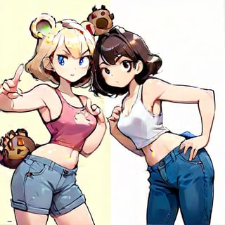 A striking illustration of two stunning half-human, half-bear hybrids standing close together. The blonde-haired, leaner woman wears a loose sleeveless tank top and very short jeans, while the brunette, more voluptuous woman sports a similar outfit, but tighter fitting. Both sport short haircuts, and the same ample bust, with the blonde woman leaning towards the viewer to show its size. They both have noticeable bear ears, the same color as their hair, and a more human-like face. The background is the silhouette of a bear paw with just five fingers, allowing the viewer's focus to stay on the captivating duo,toon,,comic book