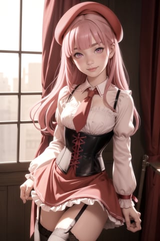 ((blunt bangs, big eyes, red tie, corset, blouse, ruffle sleeves, ruffle red skirt, red beret, garter straps, garter belt)), park, soro, cowboy shot, ((realistic)), (Master piece, best quality, vibrant colors, perfect anatomy, sharp focus, depth of field, 8k, cinematic lighting, super detailed skin, pale skin, beautiful face, beautiful detailed eyes, beautiful nose, sharp nose),  Iroha Tamaki, pink hair, smile, red bow, long hair, kneehighs, eyebrows visible through hair, pink eyes, bangs,