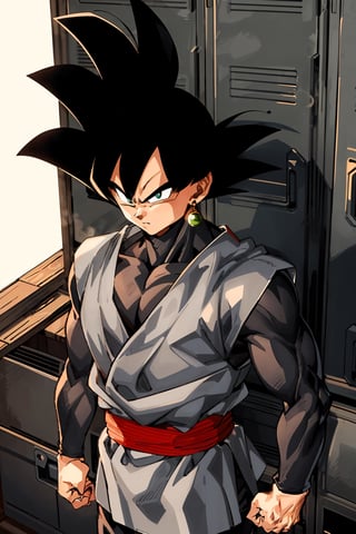 Highly detailed, High Quality, Masterpiece, beautiful, (medium short shot), 1boy, BlackGoku from Dragonball, Box Fight Pose (Black hair, muscular but a little thin, with a black long-sleeved t-shirt clinging to the body and nothing else) Background in a dark place like a boxing club locker room with direct lighting from above