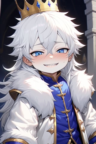 (((high quality))), masterpiece, ((((detailed)))), medium,solo, little 1boy, shota,4 year old little boy ,shota,white fur coat,blushing, fur on neck,prince clothing, white hair, (long hair),blue eyes,sharp teeth,smile, very pale skin,kingdom,sexy,more detail XL