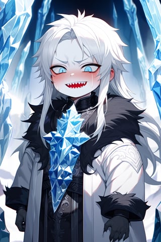 (((high quality))), masterpiece, ((((detailed)))), medium,solo, little 1boy, shota,4 year old little boy ,shota,white fur coat,blushing, black fur on neck, god clothing, white hair, (long hair),blue eyes,sharp teeth,evil smile, very pale skin,kingdom,sexy,more detail XL,power of ice