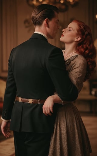 (high quality image, vintage setting, 1940s, intricate details, scene like a movie Mafia, dramática pose, vintage closes, vintage custome black.)

RE4Leon Man hadsome blondehair kiss a women redhair Medium long hair. 

Couple lovers vintage mafia, forced kiss , Kiss Wild, force kiss
