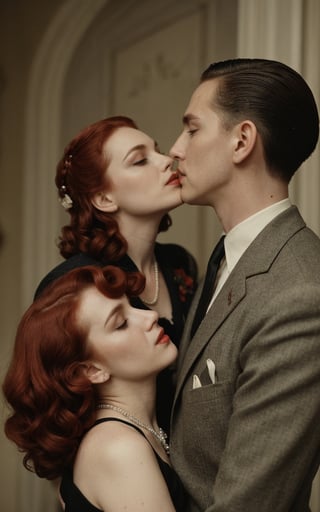 (high quality image, vintage setting, 1940s, intricate details, scene like a movie Mafia, dramátic pose, acction movie, vintage closes, vintage custome black. Full color)

RE4Leon Blondehair Man hadsome blondehair kiss a woman redhair Medium long hair redhair. 

Couple lovers vintage mafia, forced kiss , Kiss Wild, force kiss
