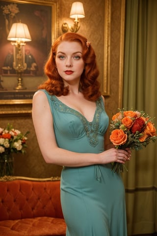 (high quality image, vintage setting, 1940s, intricate details, scene like a movie action) 1women very beautyfull redhair, she hoy a scared face ,background vintage glamour room, dress of 1940s vintage beautyfull outfit dress in blue, Green eyes, orange_hair Medium Long.

She Receive flowers, bouquet of flowers roses